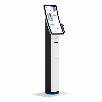 Chiosco POS elegante con scanner di codici a barre e stampante di ricevute per un servizio automatico semplificato