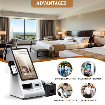 Chiosco di self-check-in Android POS con scanner per passaporti e distributore di carte per hotel