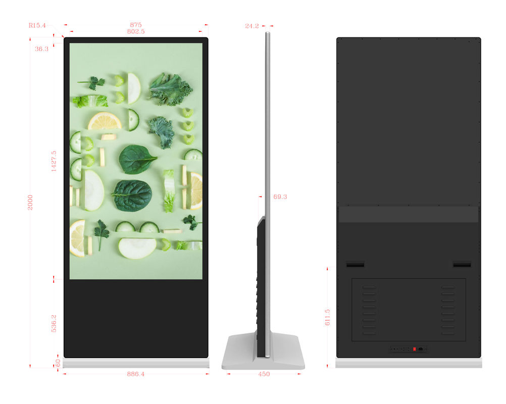 Display per segnaletica digitale con touchscreen da 65 pollici e LCD ad alta luminosità, chiosco pubblicitario da terra