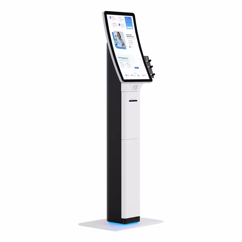 Chiosco POS elegante con scanner di codici a barre e stampante di ricevute per un servizio automatico semplificato